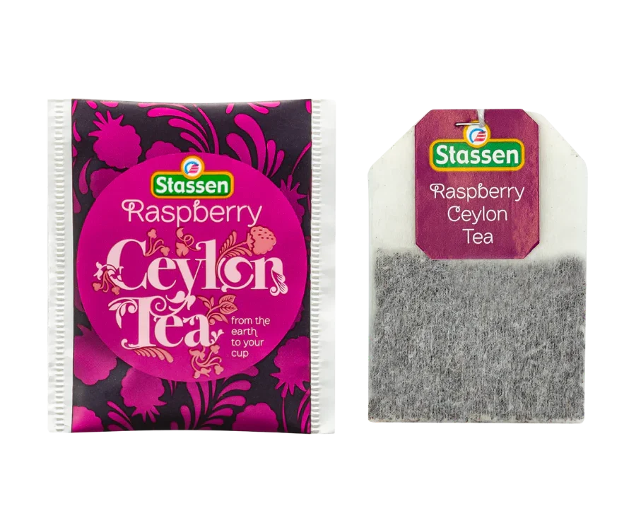 Stassen melna tēja ar aveņu aromātu 25 tējas maisiņi