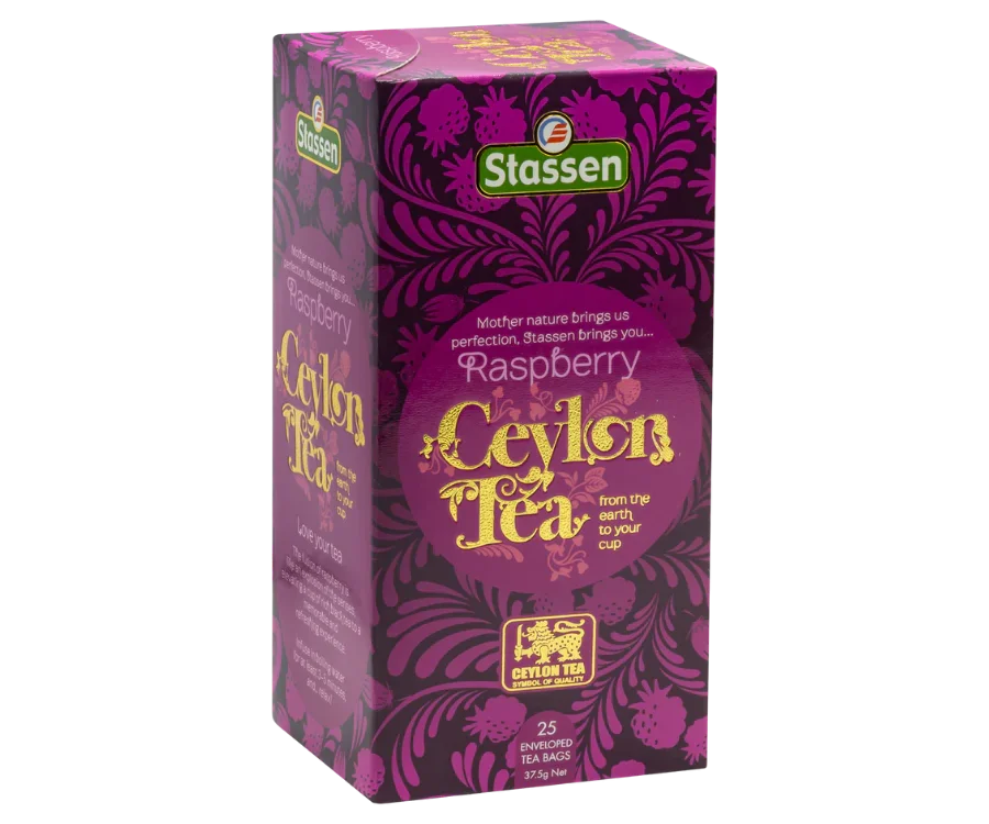 Stassen melna tēja ar aveņu aromātu 25 tējas maisiņi