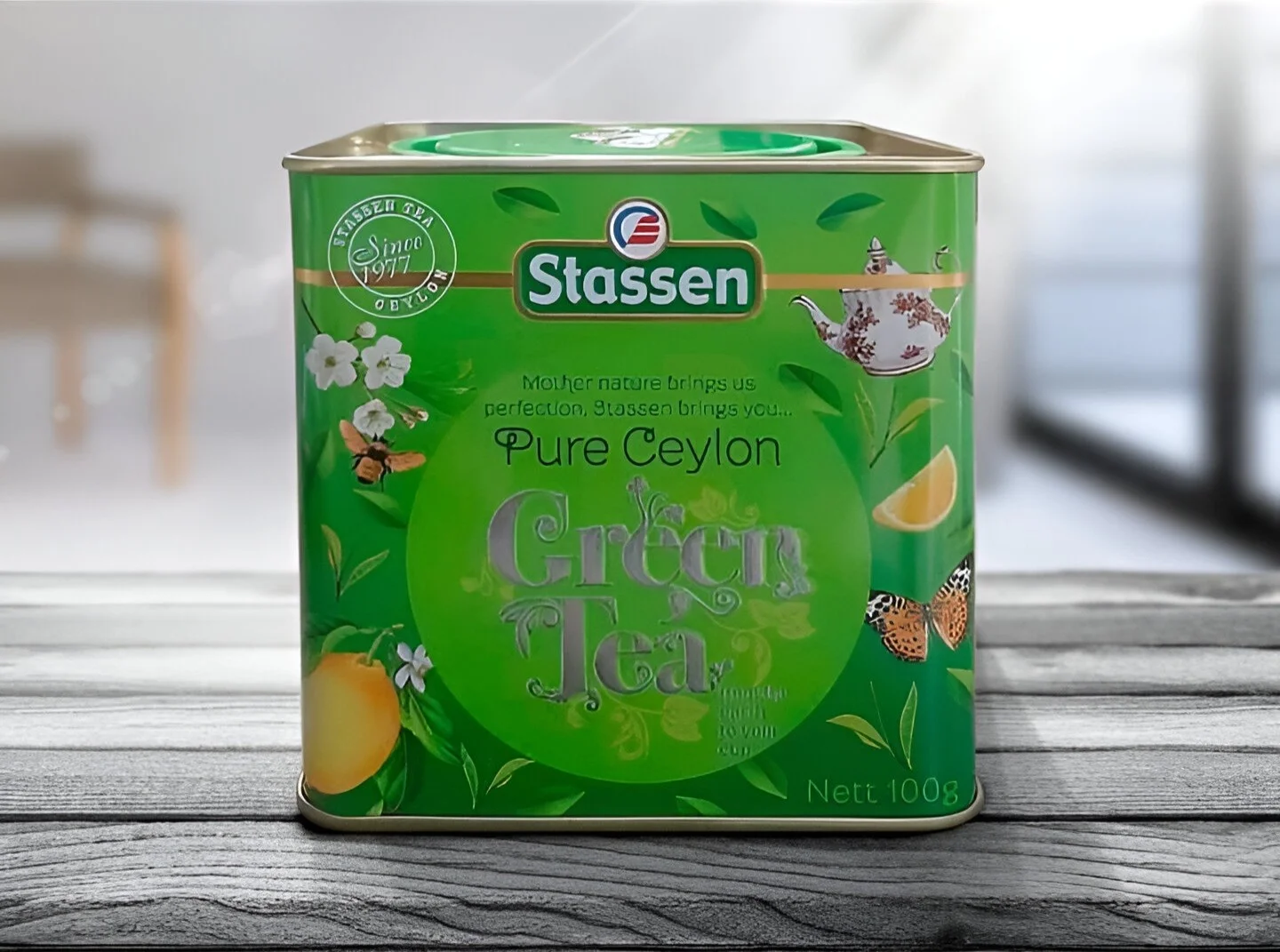 Stassen tīra Ceilonas zaļā tēja 100g metāla skārdene