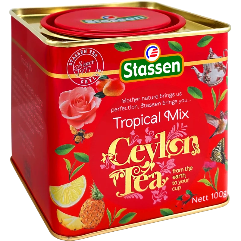 Stassen Tropical Mix Ceilonas melnā tēja ar augļu aromātiem 100g metāla skārdene