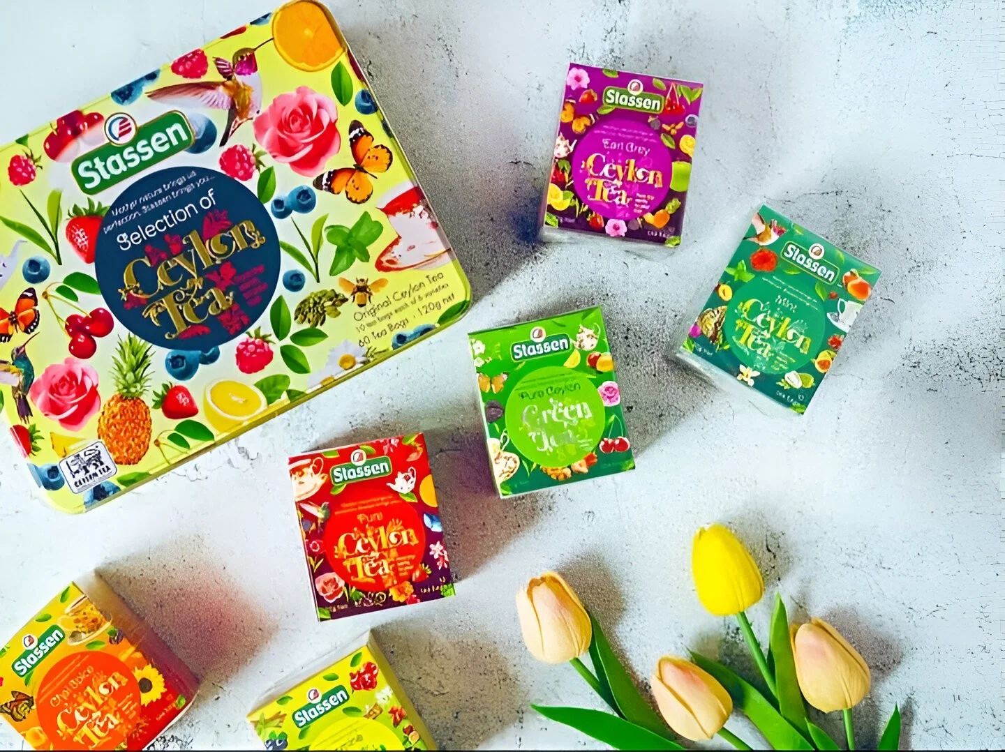 Stassen Yellow dažādu Ceilonas tēju ekskluzīva kolekcija piramīdās, 2g x 10 x 6, metāla skārda