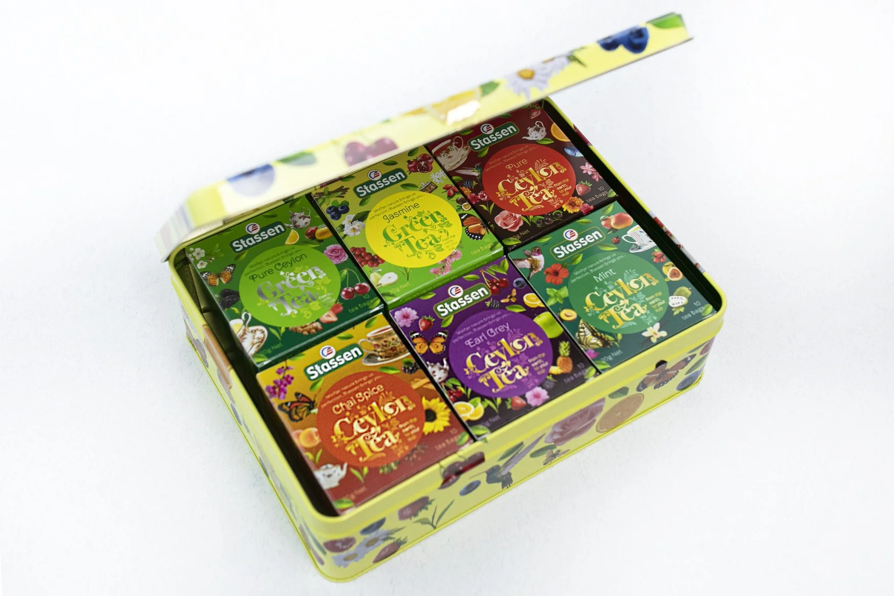 Stassen Yellow dažādu Ceilonas tēju ekskluzīva kolekcija piramīdās, 2g x 10 x 6, metāla skārda