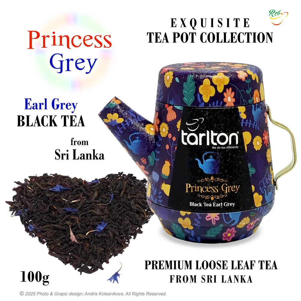 Princess Grey - Earl Grey Melnā beramā lapu tēja (ar bergamotu), Tarlton tējkanna, 100g