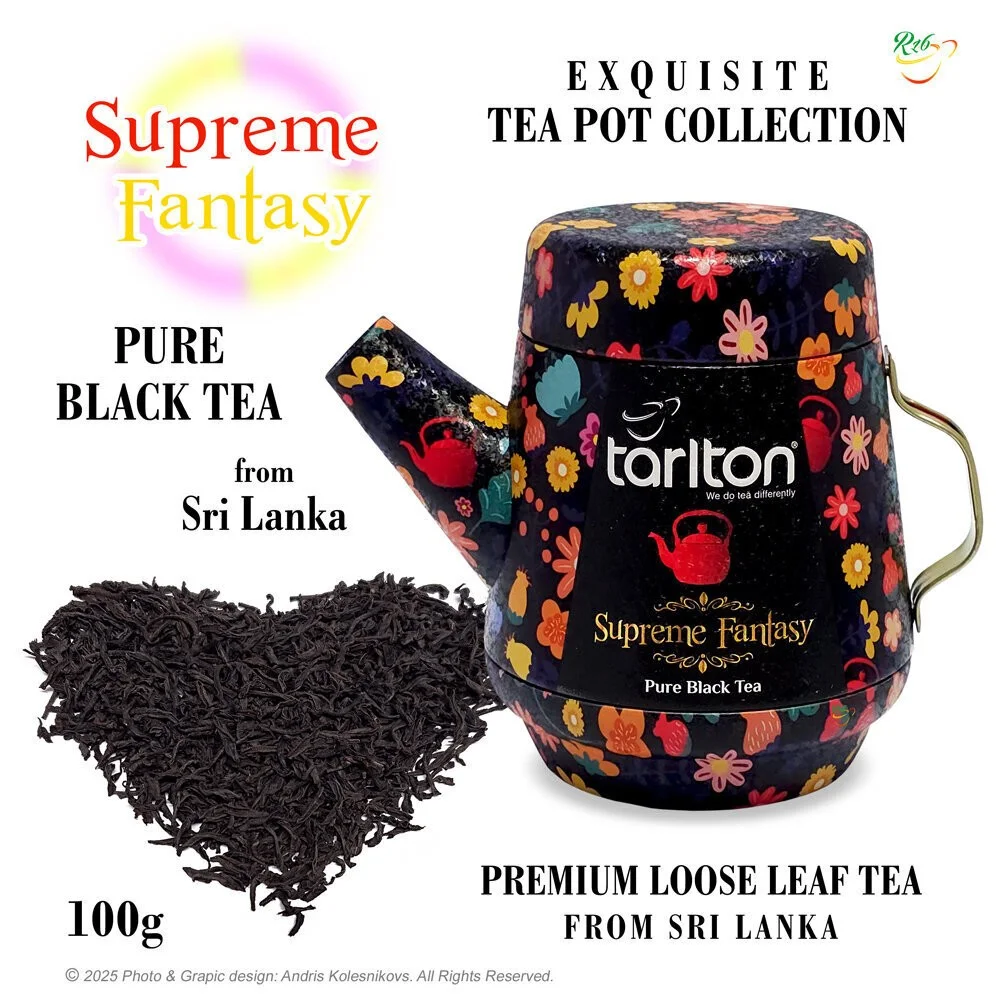 Supreme Fantasy Melnā beramā lapu tēja, Tarlton skārda tējkanna, 100g