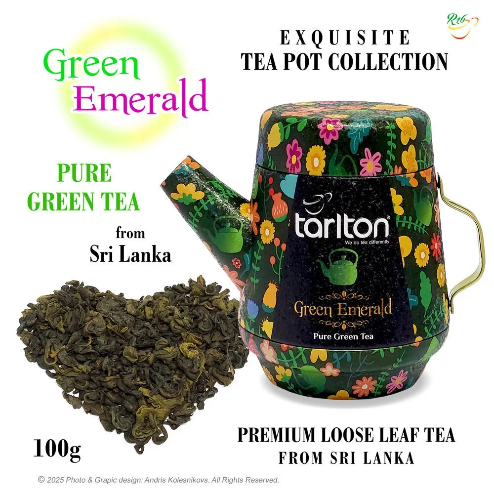 Green Emerald GP1 Ceilonas zaļā beramā lapu tēja, Tarlton skārda tējkanna, 100g