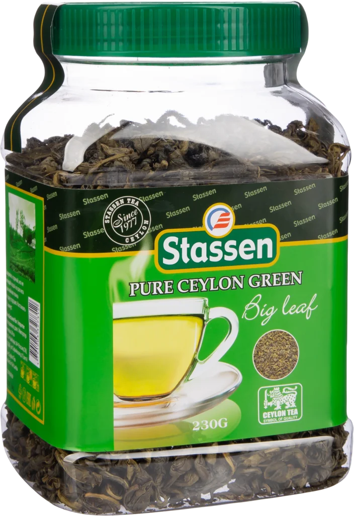 Stassen Крупнолистовой Чистый Цейлонский зелёный чай, пластиковая банка 230 г