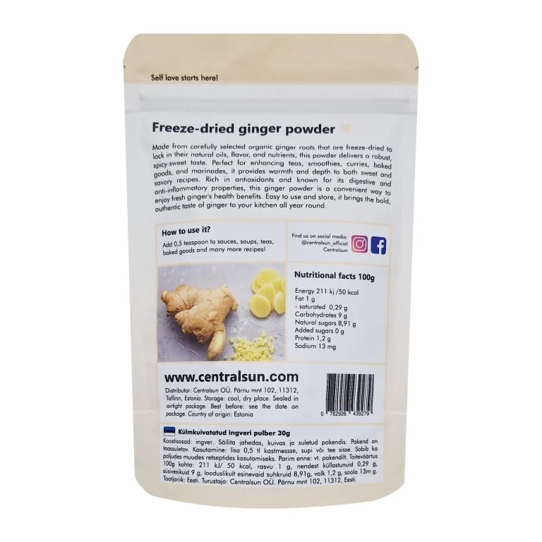 Bioloģisks liofilizēta ingvera pulveris 30g Centralsun