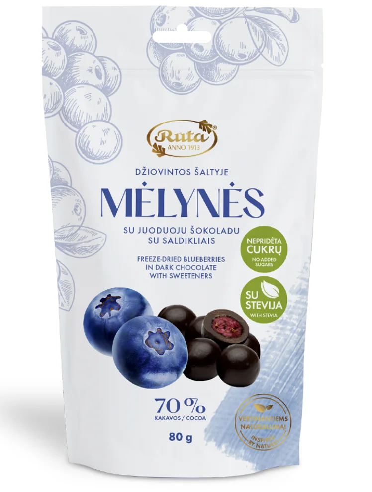 Сублимированная черника в темном шоколаде (70 %) Без добавления сахара, 80 г RUTA