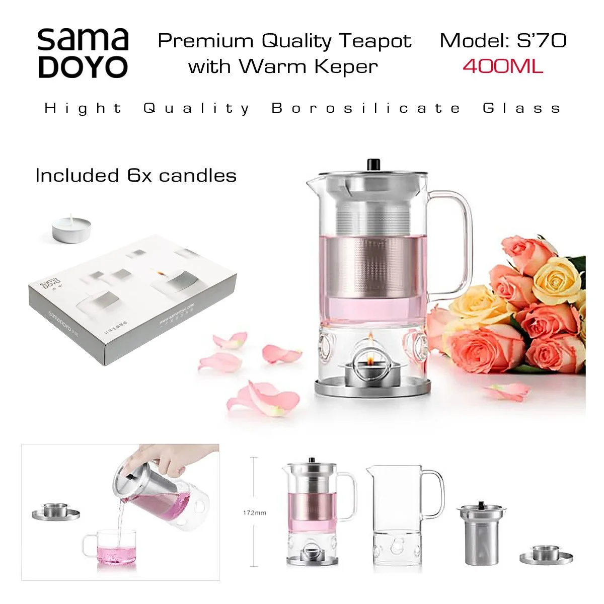 SAMADOYO Premium klases Tējkanna ar iespēju ūdens sildīšanai ar svecīti, S070, 400 ml