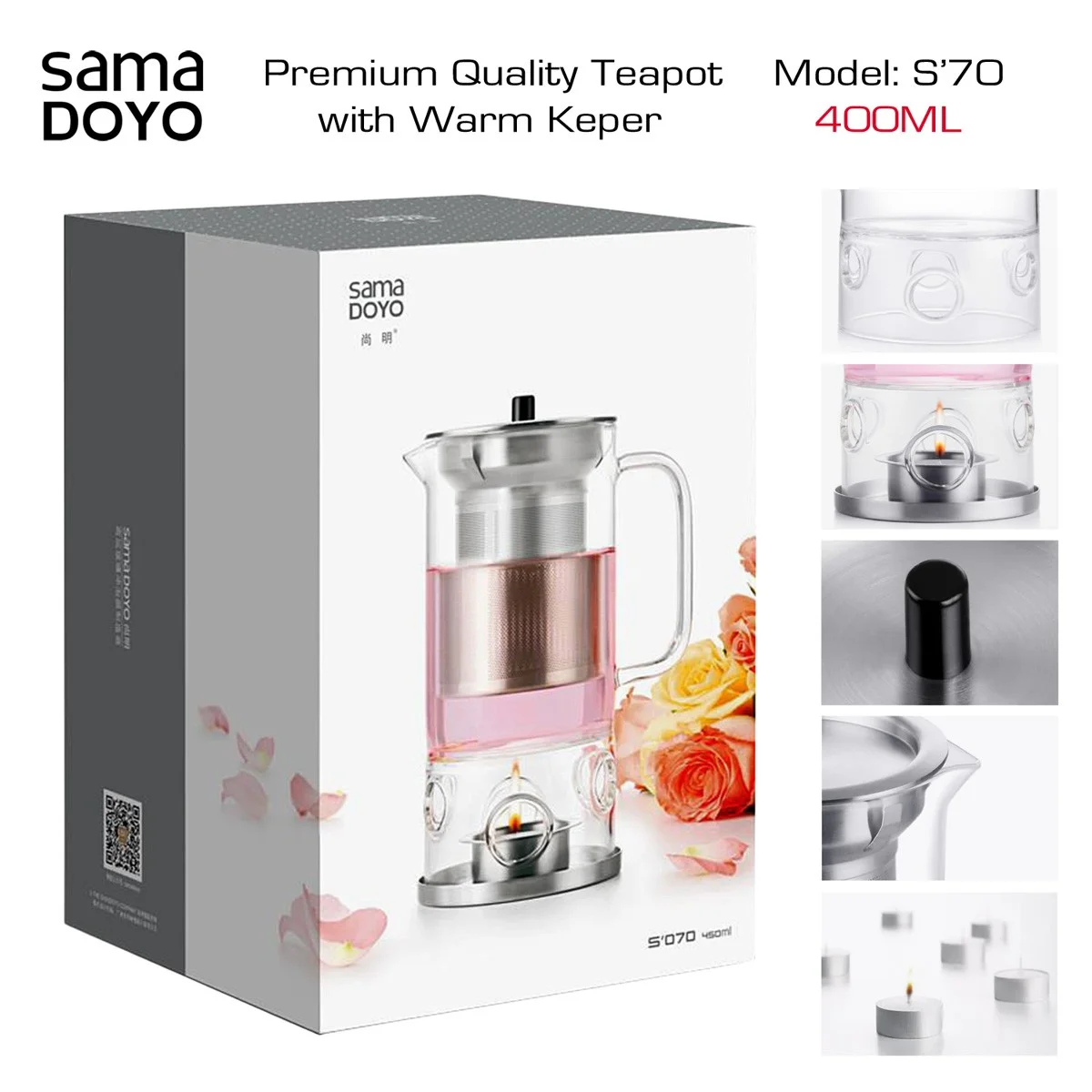 Чайник SAMADOYO Premium класса с возможностью нагрева воды с помощью нагревательного элемента, S070, 400 мл.