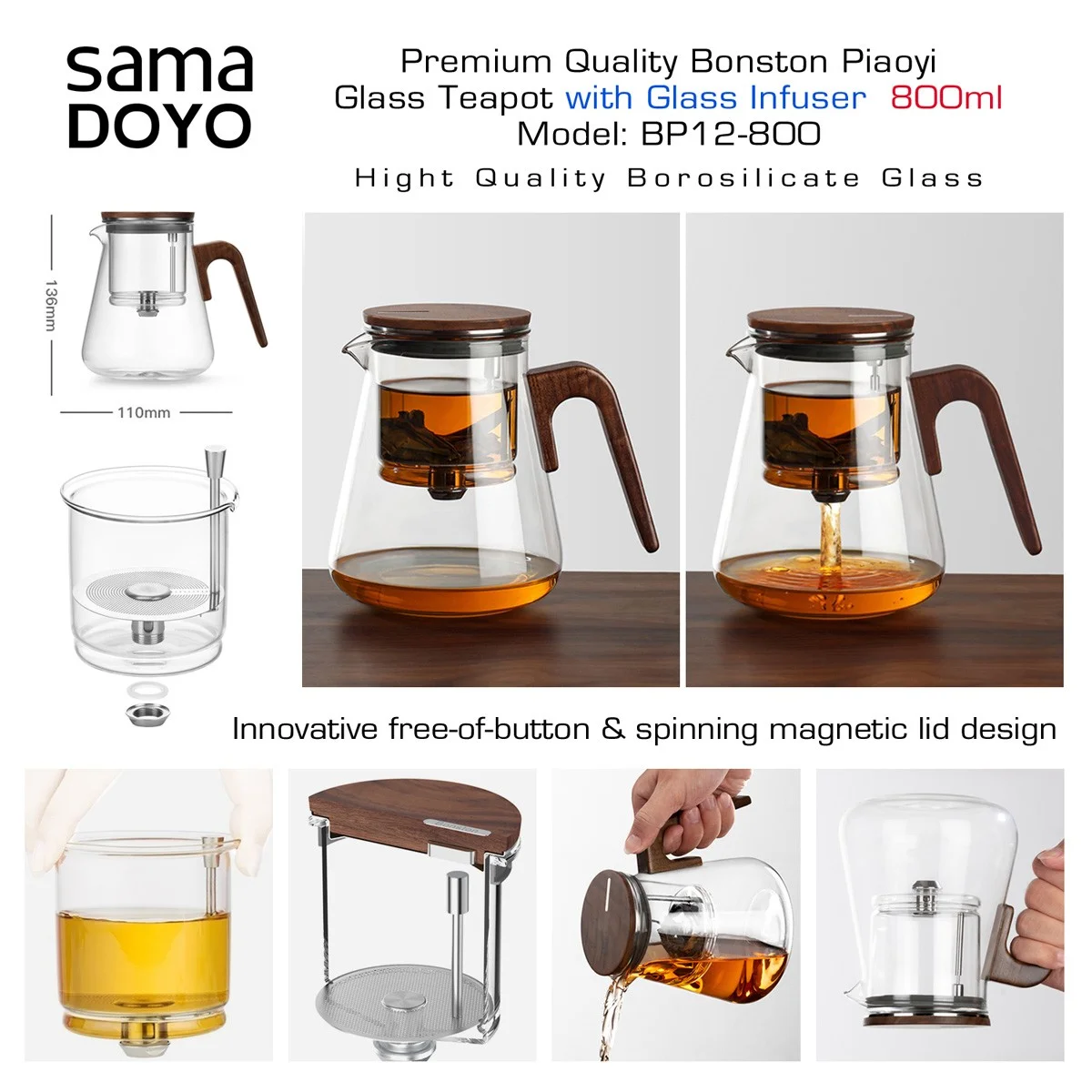 SAMADOYO Premium klases Tējkanna ar stikla filtru un inovatīvu magnētisko vārstu, Bonston Piaoyi BP12, 800 ml