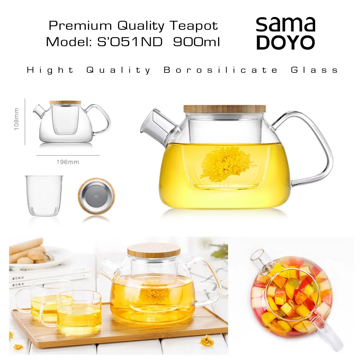 SAMADOYO Premium klases Tējkanna ar stikla filtru, S051ND, 900 ml