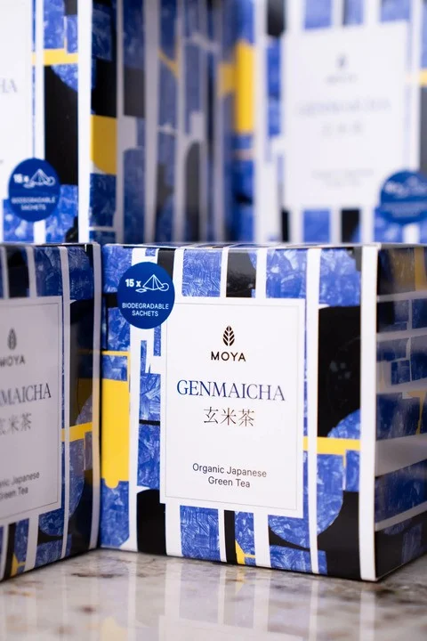 Moya Genmaicha japāņu zaļā tēja, piramīdas tējas maisiņos 15 x 1,5 g BIO