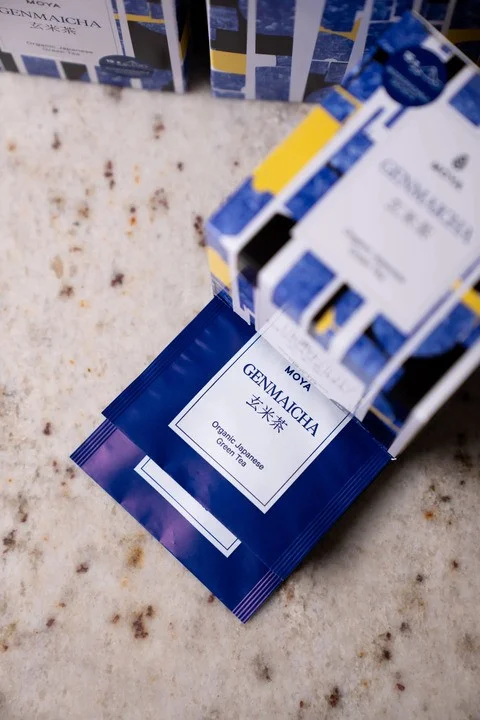 Moya Genmaicha japāņu zaļā tēja, piramīdas tējas maisiņos 15 x 1,5 g BIO