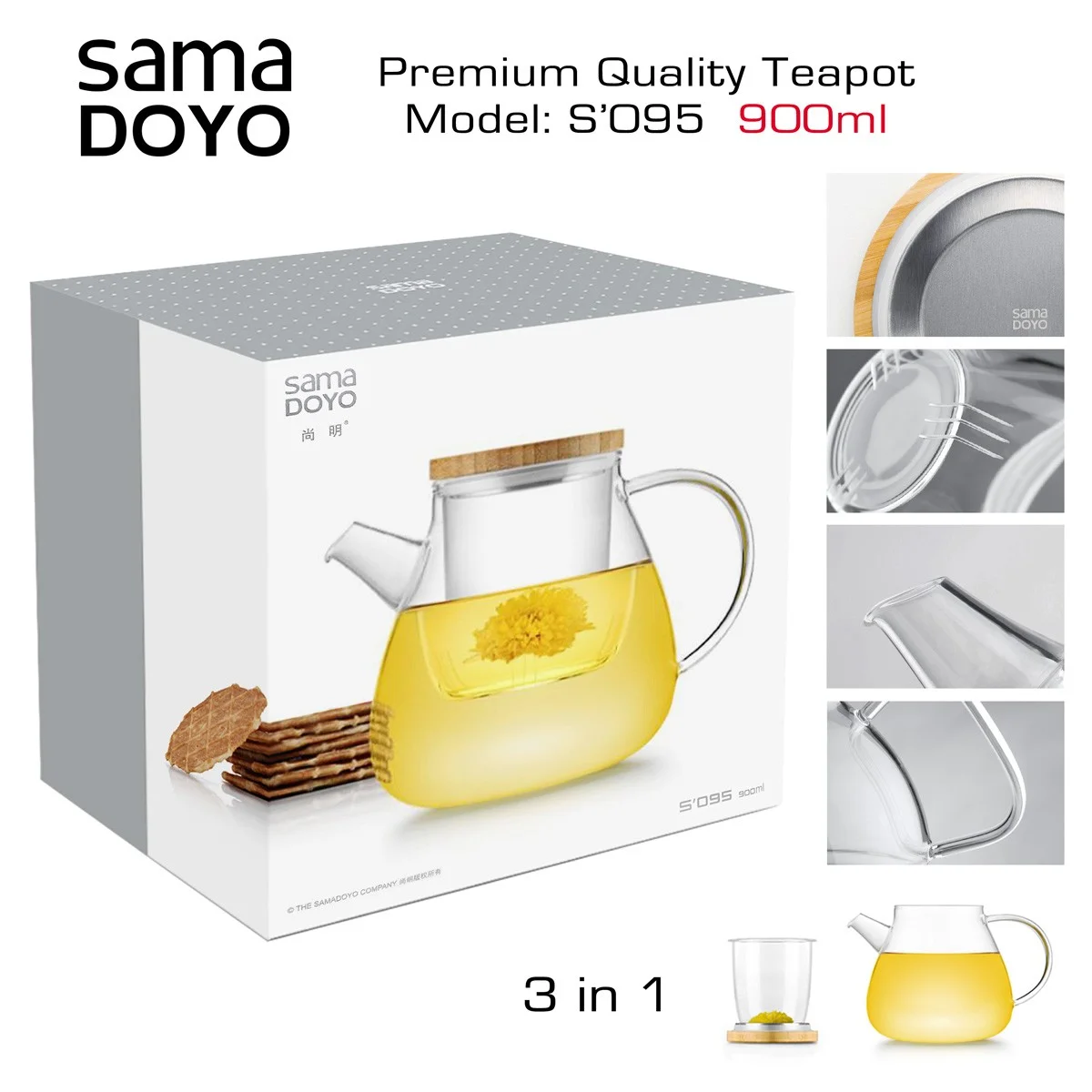 SAMADOYO Premium klases Tējkanna ar stikla filtru, SO95, 900 ml