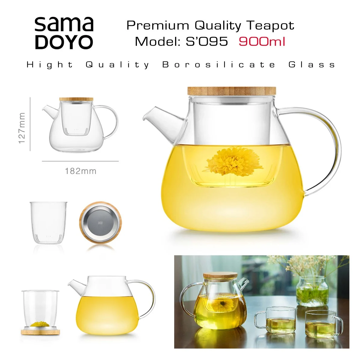 SAMADOYO Premium klases Tējkanna ar stikla filtru, SO95, 900 ml