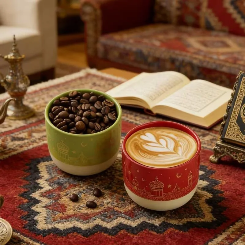 Keramikas kafijas krūze - Tuvo Austrumu stilā ar pusmēness un zvaigžņu rakstu, 230ml zaļa