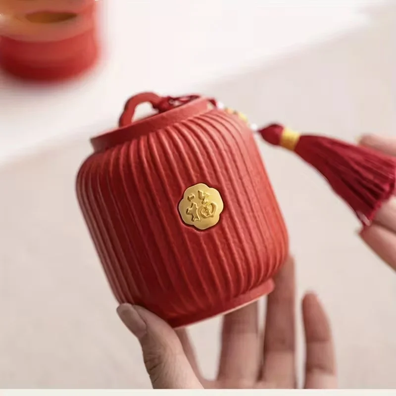 Ķīniešu keramikas uzglabāšanas burka ar atveramu vāku - apaļa tradicionāla tējas kanna