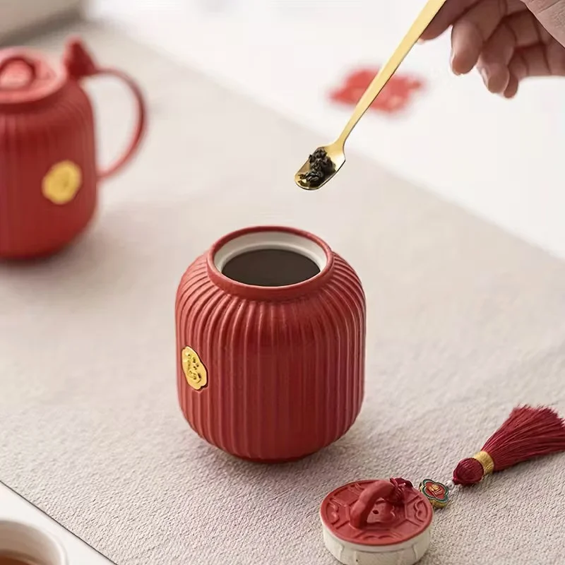 Ķīniešu keramikas uzglabāšanas burka ar atveramu vāku - apaļa tradicionāla tējas kanna