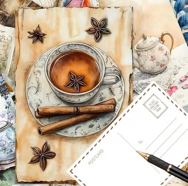 Открытка в винтажном стиле с изображением чашки/чайника