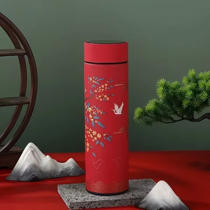 Tермос из нержавеющей стали в китайском стиле с дисплеем температуры, красный.