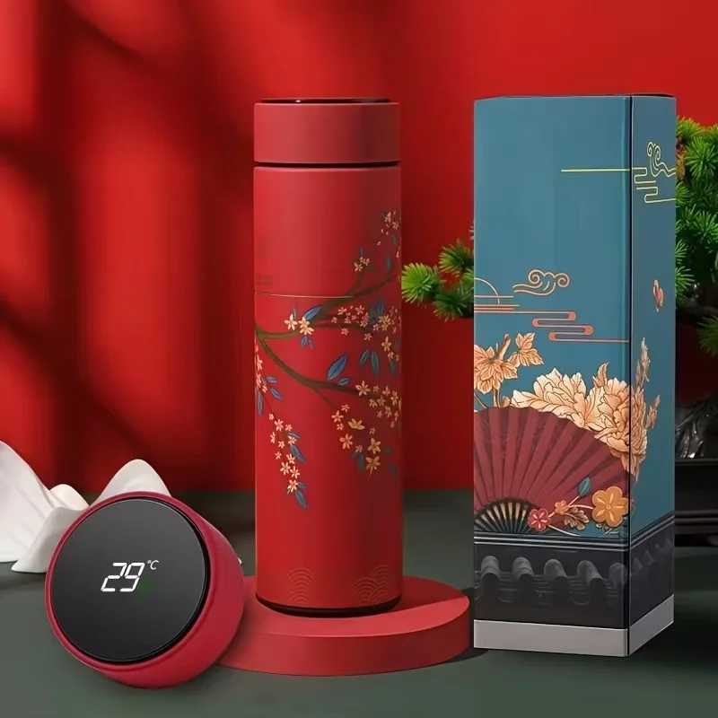 Ķīniešu stila nerūsējošā tērauda termoss ar viedu temperatūras displeju, sarkans