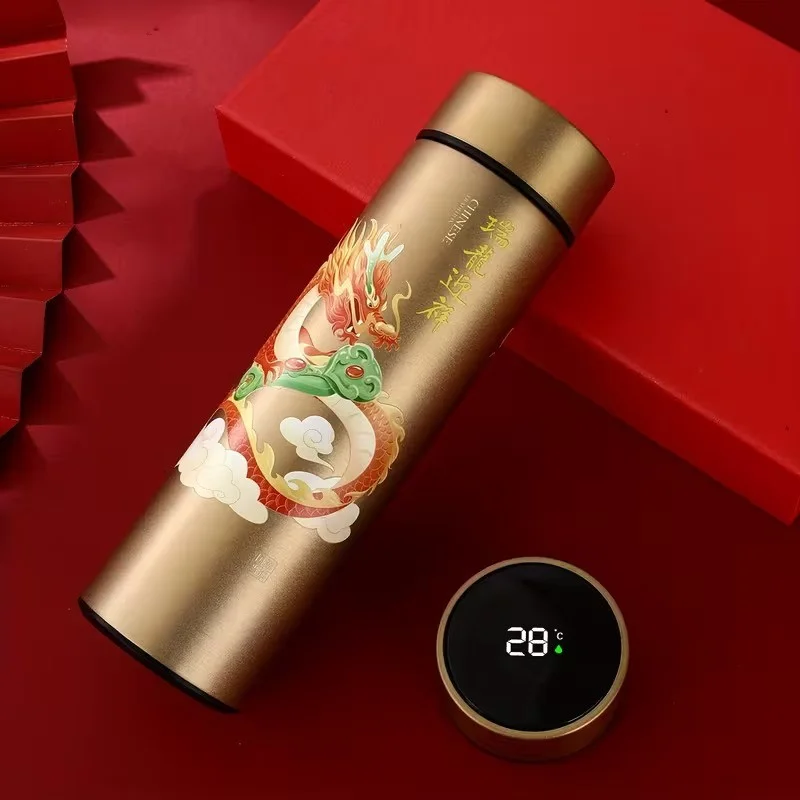 Tермос из нержавеющей стали в китайском стиле с дисплеем температуры, золотой дракон