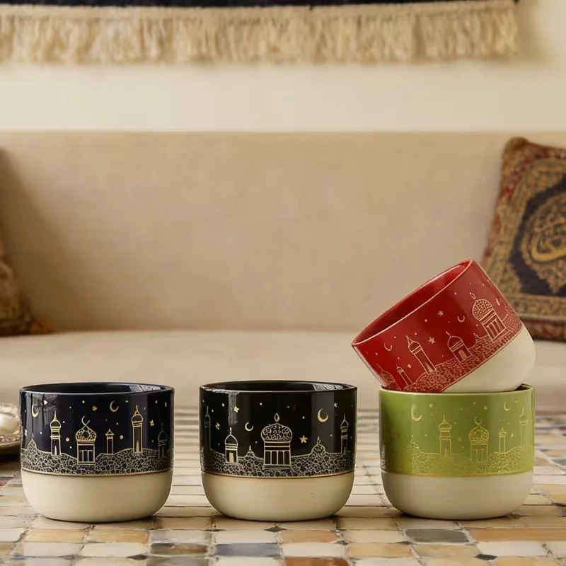 Keramikas kafijas krūze - Tuvo Austrumu stilā ar pusmēness un zvaigžņu rakstu, 230ml sarkana