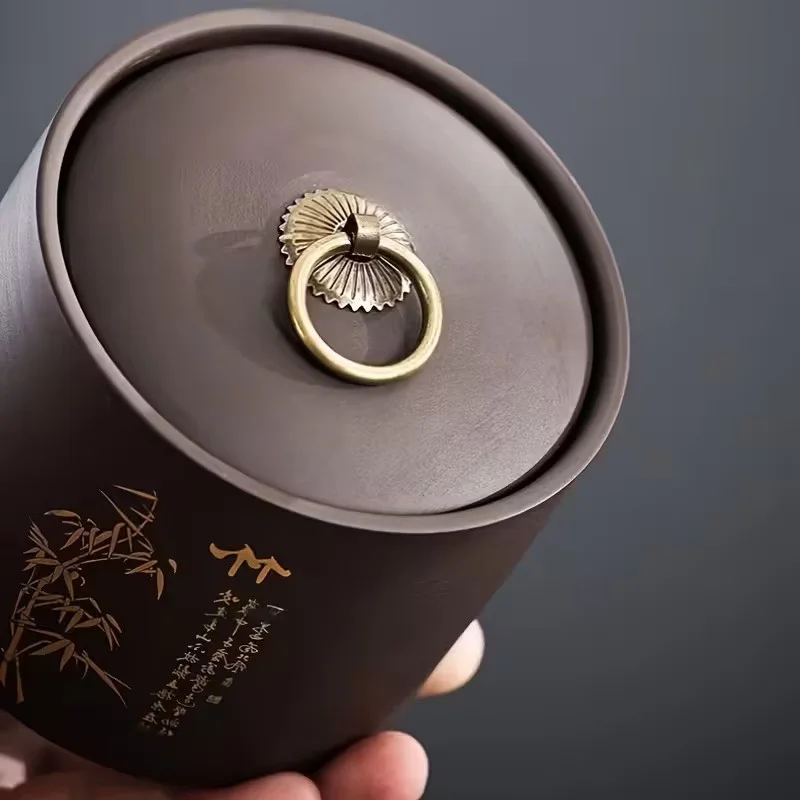 Ķīniešu keramikas uzglabāšanas burka ar atveramu vāku - apaļa tējas kanna "Plūmju zieds"