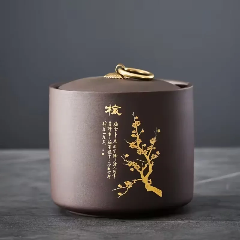 Китайская керамическая банка для хранения чая с откидной крышкой — круглая емкость для чая «Цветущая слива»