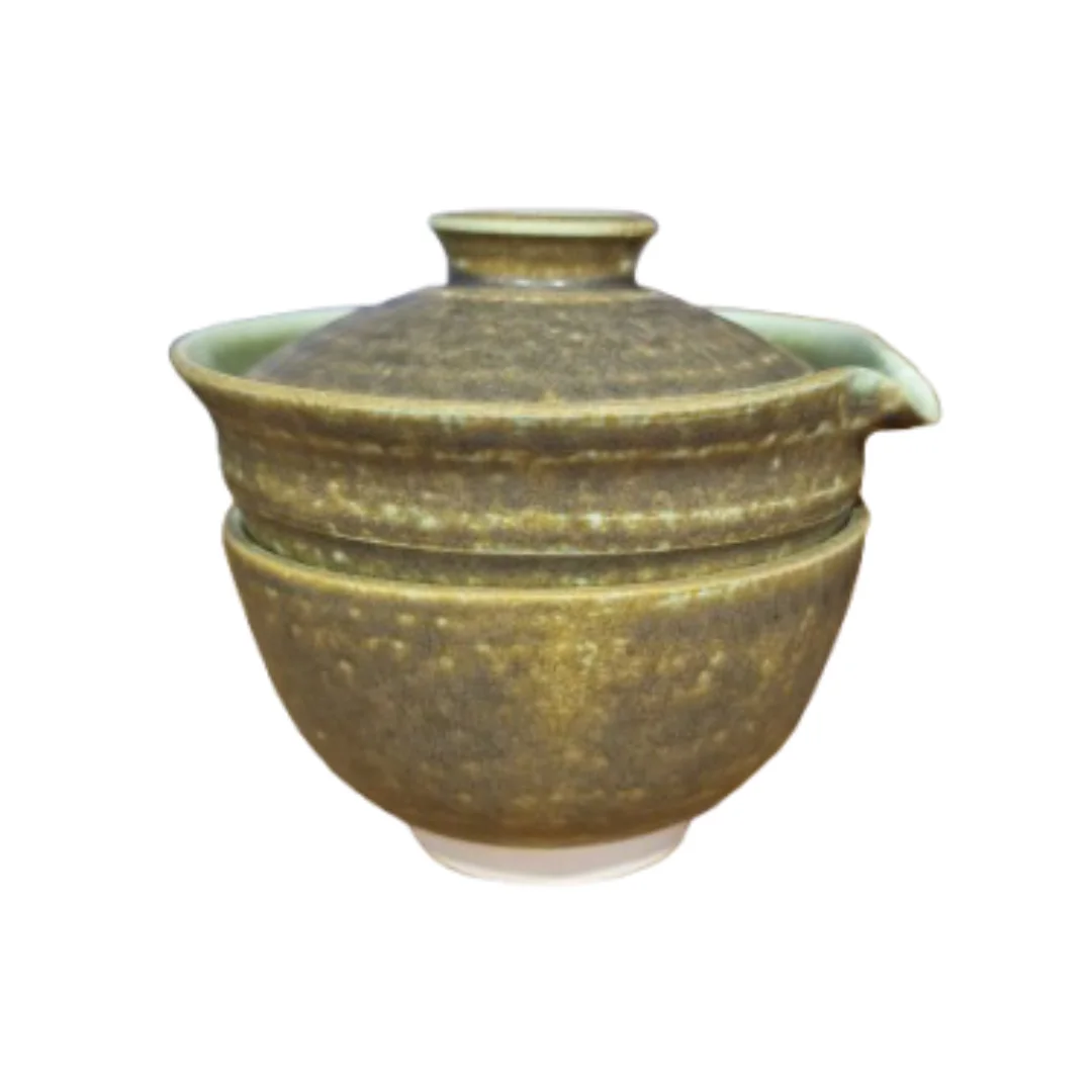 Комплект для чайной церемонии из глины Zhong - Гайвань и чашка, ручная работа, Зелено-коричневый