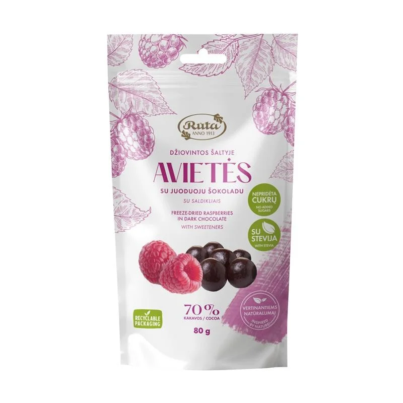 Сублимированная малина в темном шоколаде (70 %) Без добавления сахара, 80 г RUTA