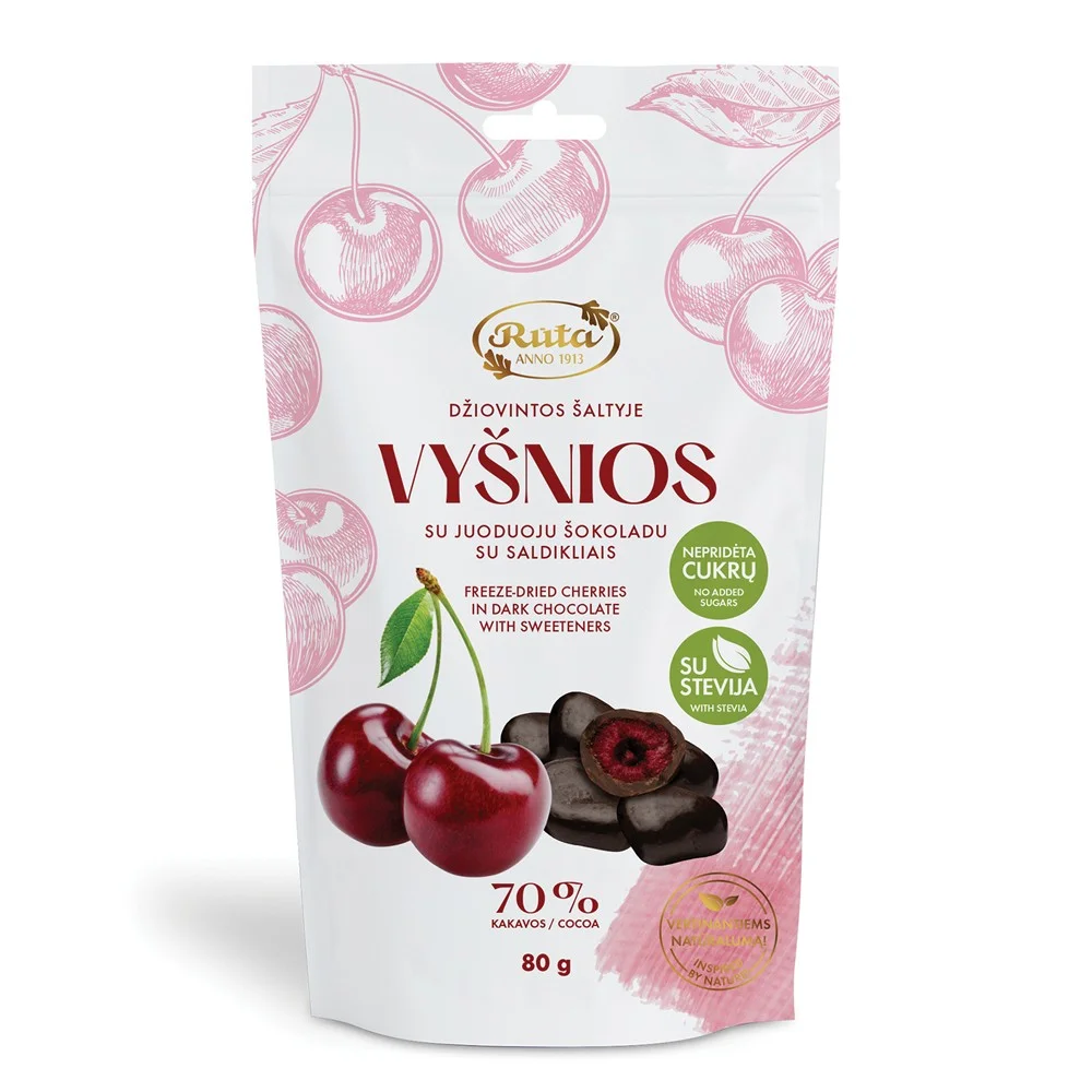 Сублимированная вишня в темном шоколаде (70 %) Без добавления сахара, 80 г RUTA