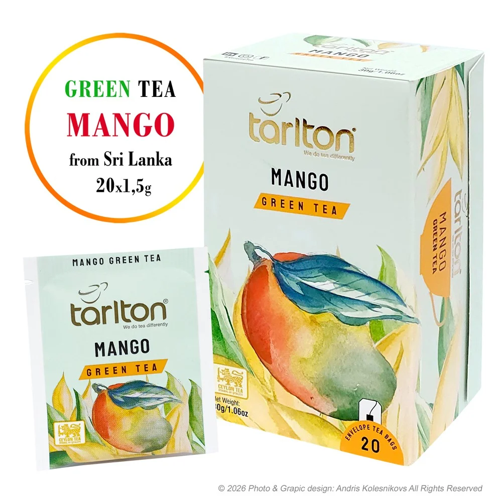 Tarlton Mango Green Tea, zaļā tēja ar mango aromātu paciņās, 20 x 1,5 g