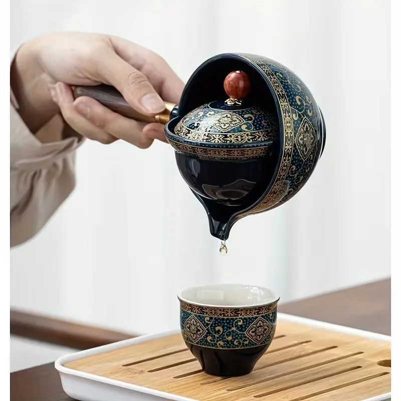 Ķīniešu tējas komplekts: tējkanna un 4 tasītes, vintaža dizains ar 360 grādu rotāciju
