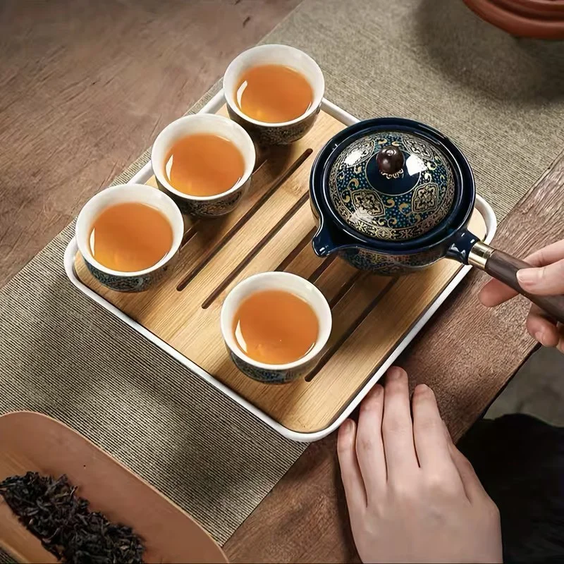 Ķīniešu tējas komplekts: tējkanna un 4 tasītes, vintaža dizains ar 360 grādu rotāciju