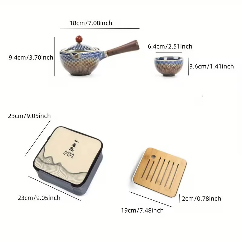 Ķīniešu tējas komplekts: tējkanna un 4 tasītes, vintaža dizains ar 360 grādu rotāciju