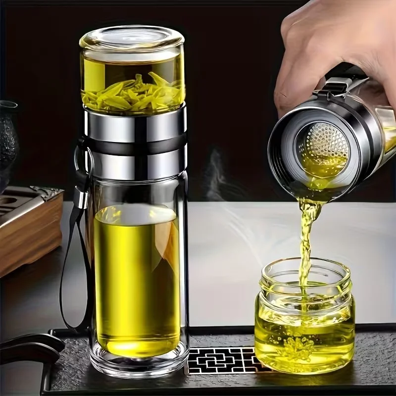 Borsilikāta dubultsienu stikla tējas krūze 400ml, Melns rokturis