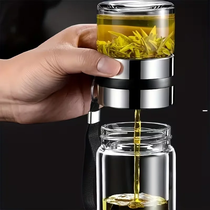 Borsilikāta dubultsienu stikla tējas krūze 400ml, Melns rokturis