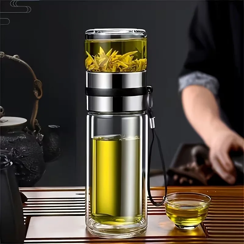 Borsilikāta dubultsienu stikla tējas krūze 400ml, Melns rokturis