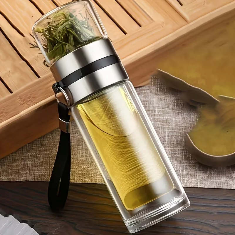 Двустенная кружка для заваривания чая из боросиликатного стекла, 400 мл, Черная ручка