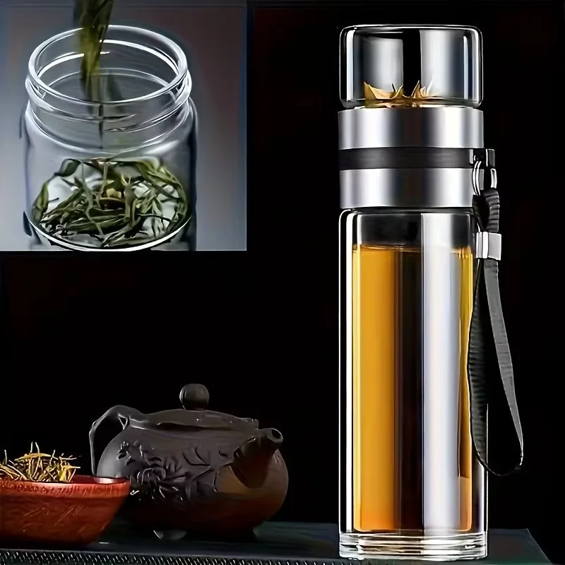 Borsilikāta dubultsienu stikla tējas krūze 400ml, Melns rokturis