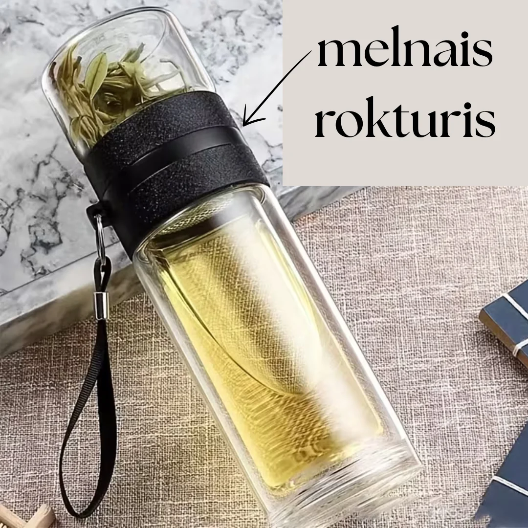Borsilikāta dubultsienu stikla tējas krūze 400ml, Melns rokturis